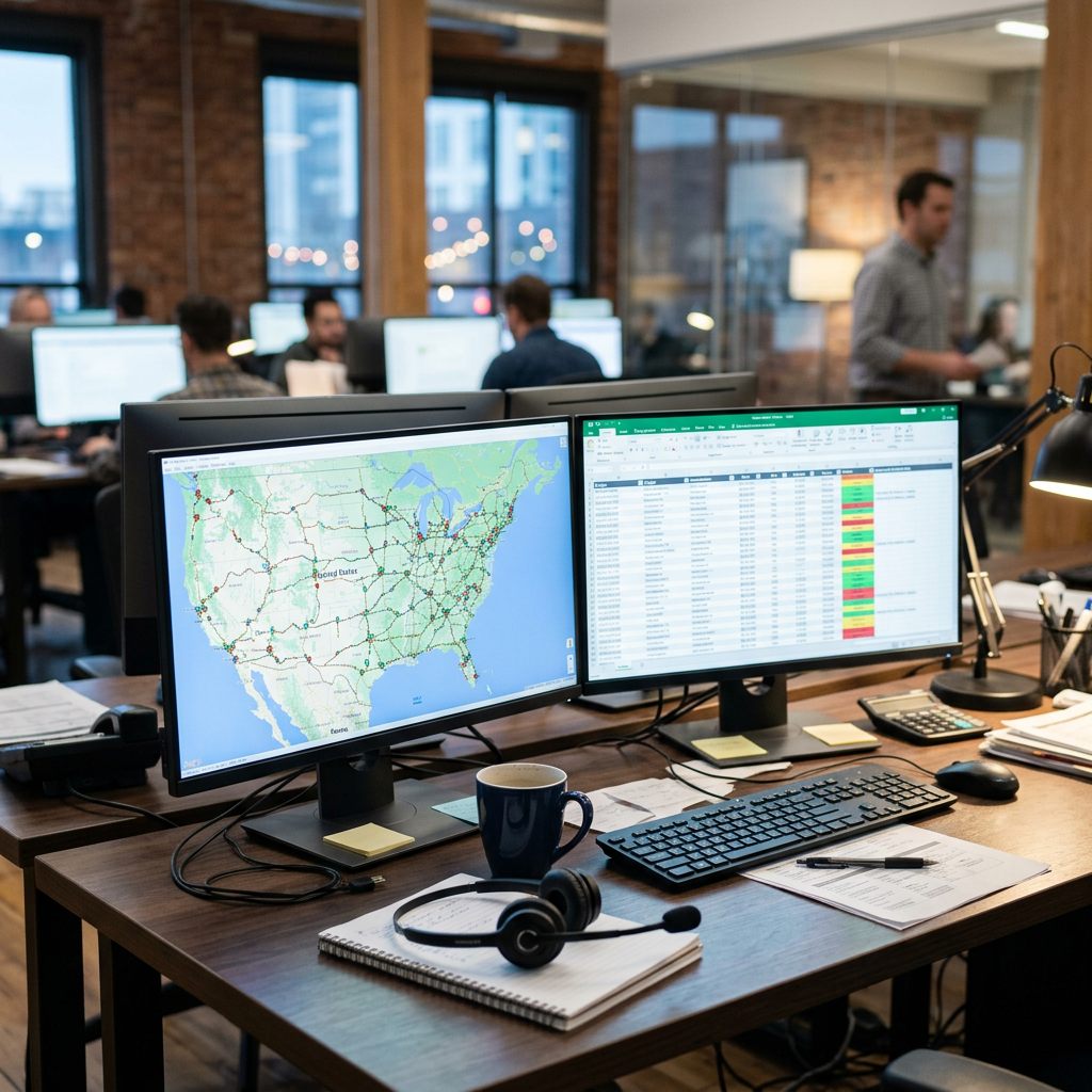 Dispatch desk with route map and load board on screen