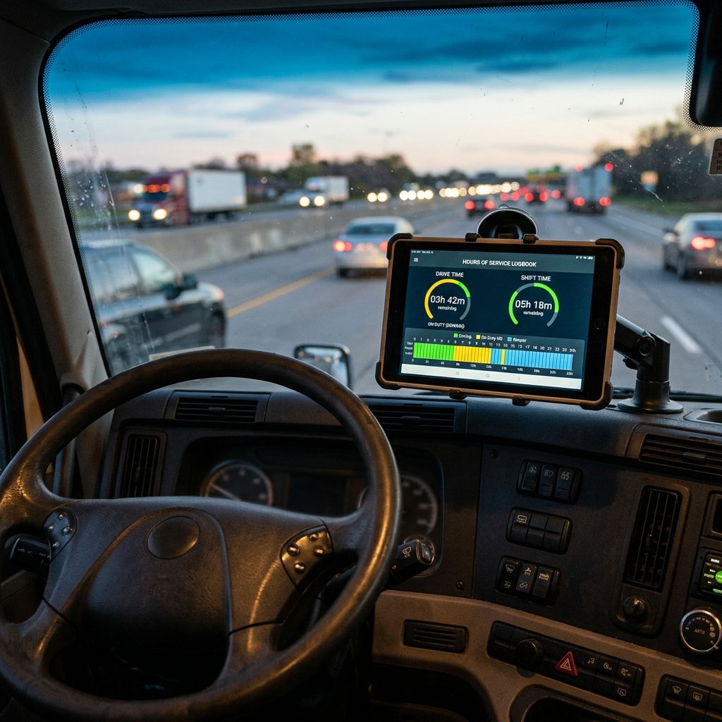 ELD tablet mounted on a truck dashboard showing hours of service
