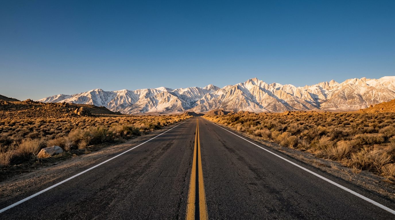 Open highway leading to snow-capped mountains