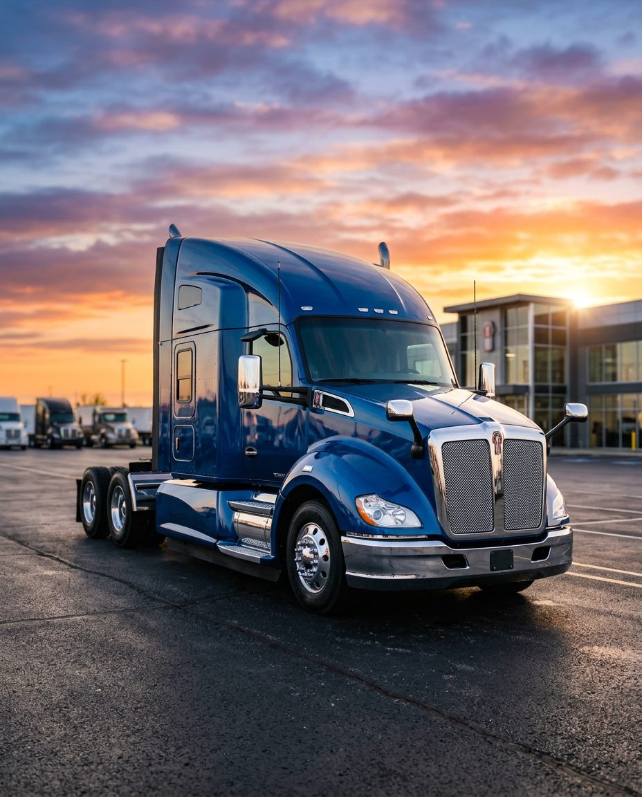 Late-model blue semi tractor parked at sunrise