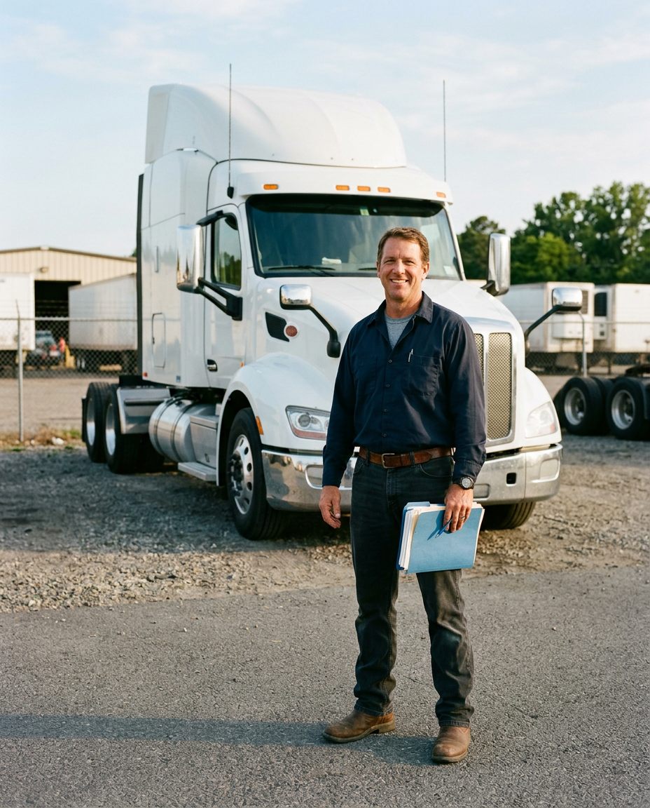 New owner-operator standing in front of his semi truck